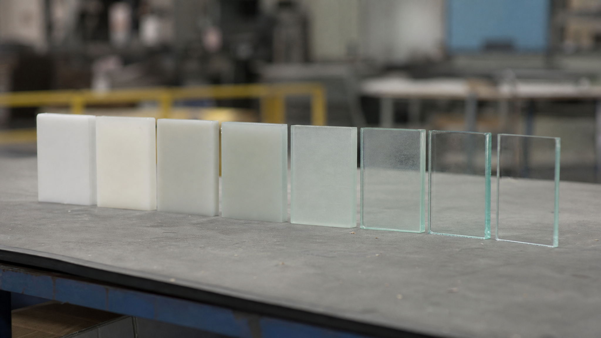 Printed glass material samples showing varying transparency and texture